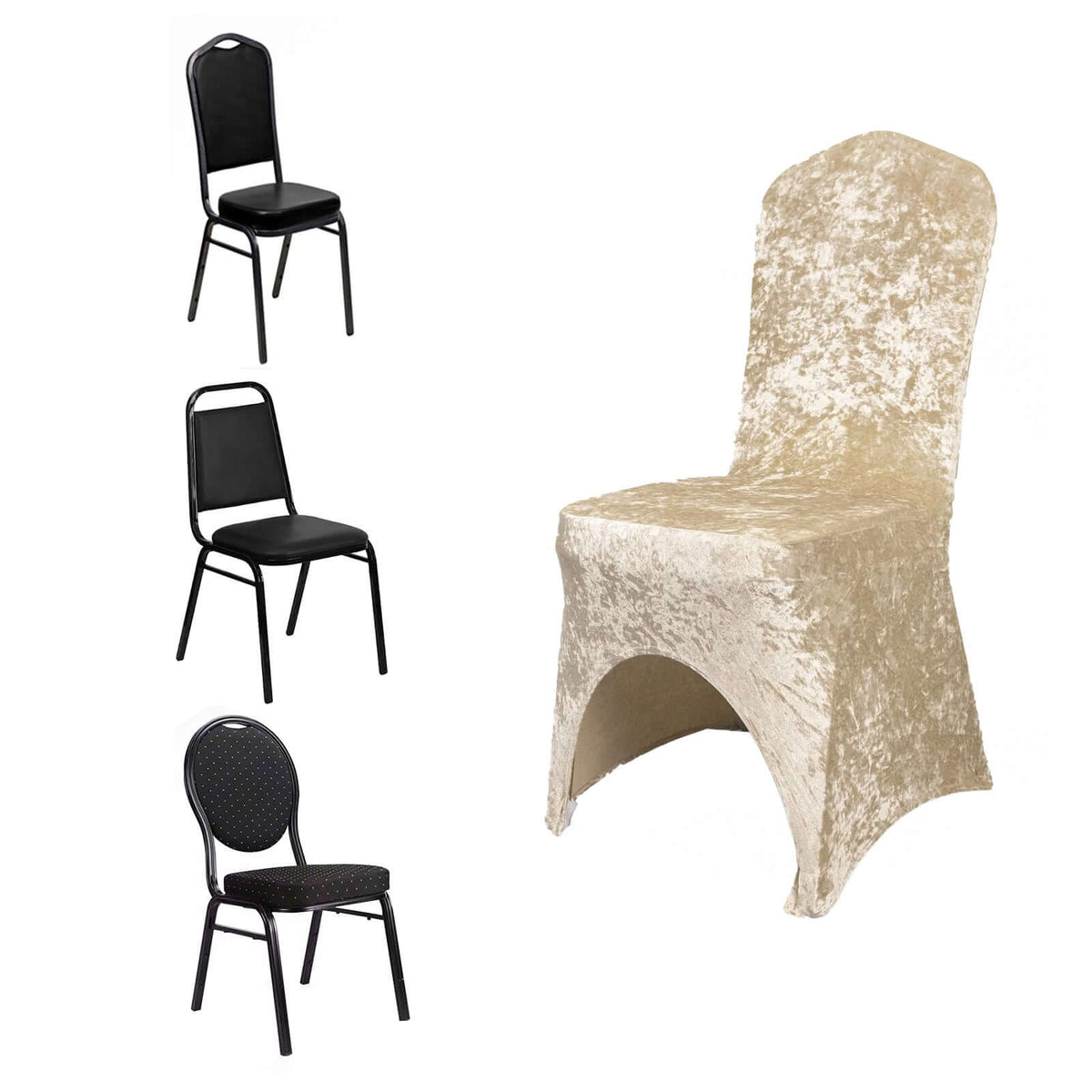 Crushed Velvet Spandex Banquet Chair Cover Fitted Slipcover Beige - Stretch 190GSM Slipcover with Foot Pockets